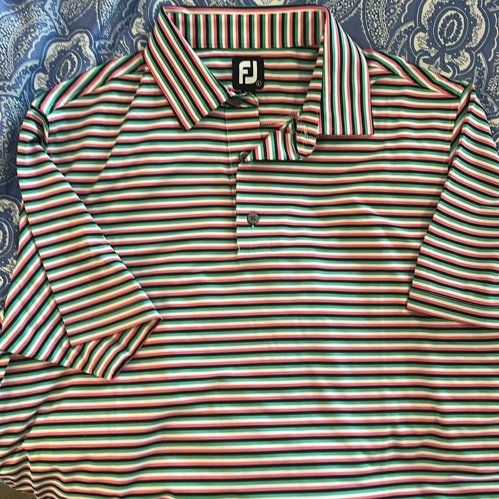 FOOTJOY LARGE‎ Performance Golf Polo Shirt White Green Pink Blue Stripe PRODRY